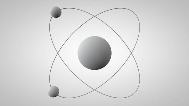 3D απεικόνιση ενός μοντέλου ατόμου με έναν πυρήνα και δύο ηλεκτρόνια σε τροχιές. 3D μοντέλο της δομής του ατόμου του Ράδερφορντ. Ιδέα, σύμβολο της ατομικής ενέργειας. 3D απόδοση σε λευκό φόντο απομονώνεται. - Φωτογραφία, εικόνα