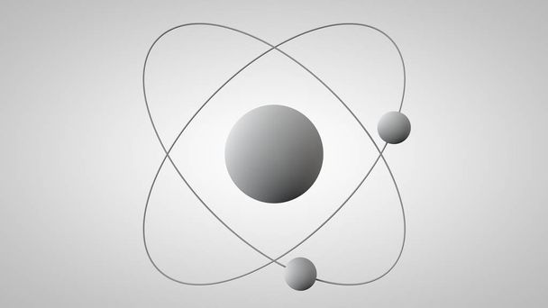 軌道上に核と2つの電子を持つ原子モデルの3D図。ラザフォード原子の構造の3Dモデル。アイデア、原子力の象徴。白い背景の3Dレンダリングを分離. - 写真・画像