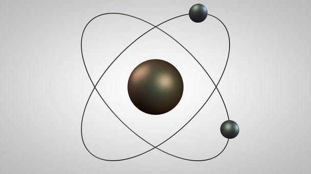 Illustration 3D d'un modèle d'atome avec un noyau et deux électrons. Metal model of the structure of the Rutherford atom. Idée, symbole de l'énergie atomique. rendu 3D sur fond blanc isolé
. - Photo, image