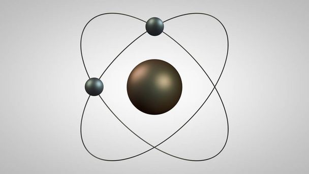 3D illustration of an atom model with a nucleus and two electrons. Metal model of the structure of the Rutherford atom. Idea, symbol of atomic energy. 3D rendering on white background isolated. - Photo, Image