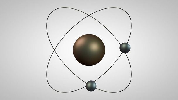核と2つの電子を持つ原子モデルの3D図。ラザフォード原子の構造の金属モデル。アイデア、原子力の象徴。白い背景の3Dレンダリングを分離. - 写真・画像