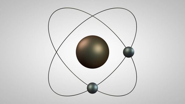 ilustracja 3D modelu atomowego z jądra i dwóch elektronów. Metalowy model struktury atomu Rutherforda. Idea, symbol energii atomowej. Renderowanie 3D na białym tle. - Zdjęcie, obraz