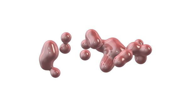 3D-Darstellung von rosa Tröpfchen im Weltraum in der Schwerelosigkeit. Illustration einer amorphen Substanz auf weißem Hintergrund. Abstraktes Bild. isoliert auf weißem Hintergrund. - Foto, Bild
