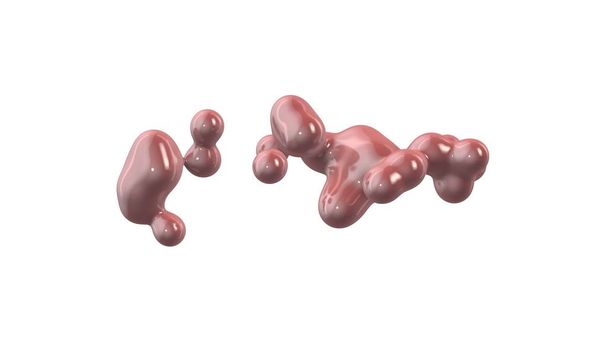 3D-Darstellung von rosa Tröpfchen im Weltraum in der Schwerelosigkeit. Illustration einer amorphen Substanz auf weißem Hintergrund. Abstraktes Bild. isoliert auf weißem Hintergrund. - Foto, Bild