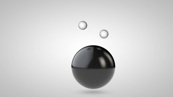 黒いボール、1つの大きいと2つの小さなボールの3Dイラスト。空気中の球体は、白い背景に隔離されています。抽象化の 3D レンダリング。ジオメトリ オブジェクトを含むスペース. - 写真・画像