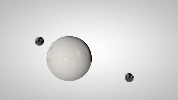 黒と白のボール、1つの大きなと2つの小さなボールの3Dイラスト。白い背景に隔離された空気中の球。抽象化の 3D レンダリング。幾何学的、円形のオブジェクトを持つスペース. - 写真・画像