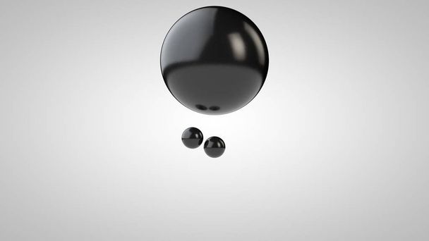 Ilustración 3D de bolas negras, una grande y dos pequeñas. esferas en el aire, aisladas sobre un fondo blanco. Representación 3D de una abstracción. Espacio con objetos geométricos
. - Foto, imagen