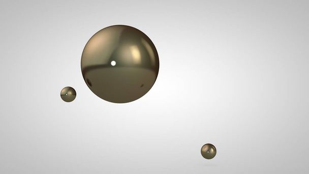 ブロンズ、ゴールド、光沢のあるボール、1つの大きなと2つの小さなボールの3Dイラスト。白い背景に隔離された空気中の球。抽象化の 3D レンダリング。幾何学的、円形のオブジェクトを持つスペース. - 写真・画像
