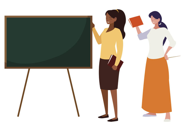 interracial female teachers couple with textbooks and chalkboard - Vector, Image