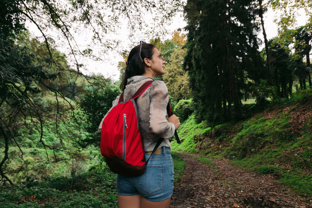 woman with backpack walking in the forest - Foto, imagen