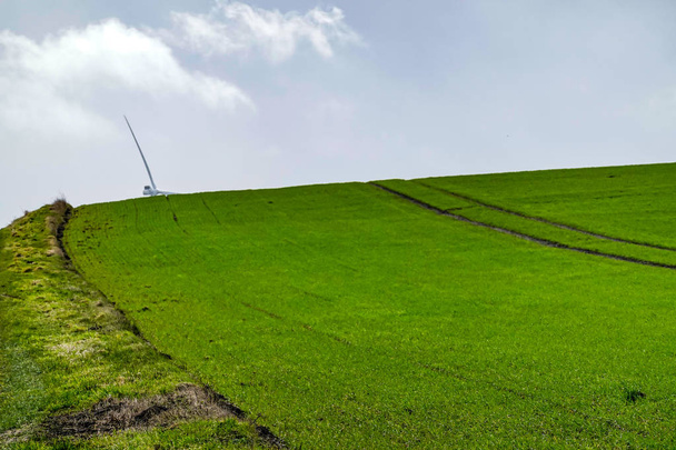 Hirtshalls, Dania zielone pole leży w zimie, podczas gdy ostrze turbiny wiatrowej wyskakuje na wzgórzu. - Zdjęcie, obraz