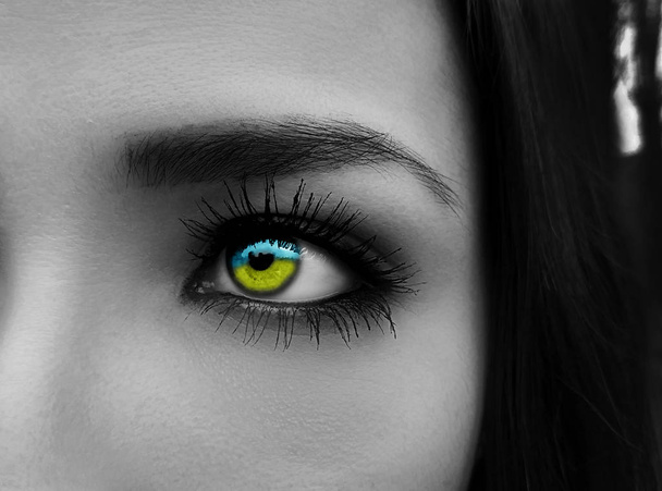 Un hermoso ojo de mujer mirada perspicaz. Primer plano. Foto en blanco y negro con un ojo de color
. - Foto, Imagen