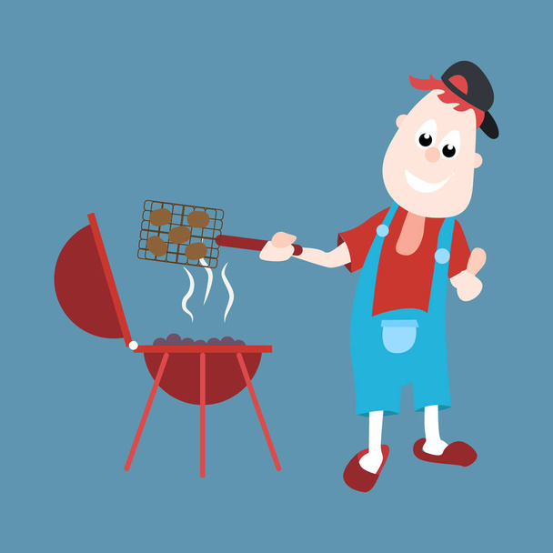 Un hombre alegre cocina una barbacoa en la parrilla. Ilustración de vectores de dibujos animados
 - Vector, imagen