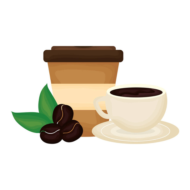 ízletes kávé csésze és műanyag konténerben - Vektor, kép