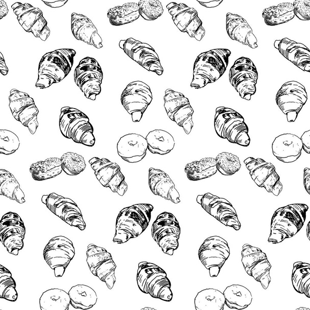croissant, bagel, seamless texture pattern vector drawing with c - Διάνυσμα, εικόνα