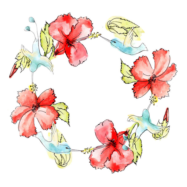 watercolor ring; Red Hibiscus Flowers, green leaves and Blue Hum - Foto, imagen