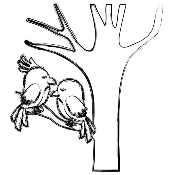 χαριτωμένα πουλιά ζευγάρι στο δέντρο - Διάνυσμα, εικόνα