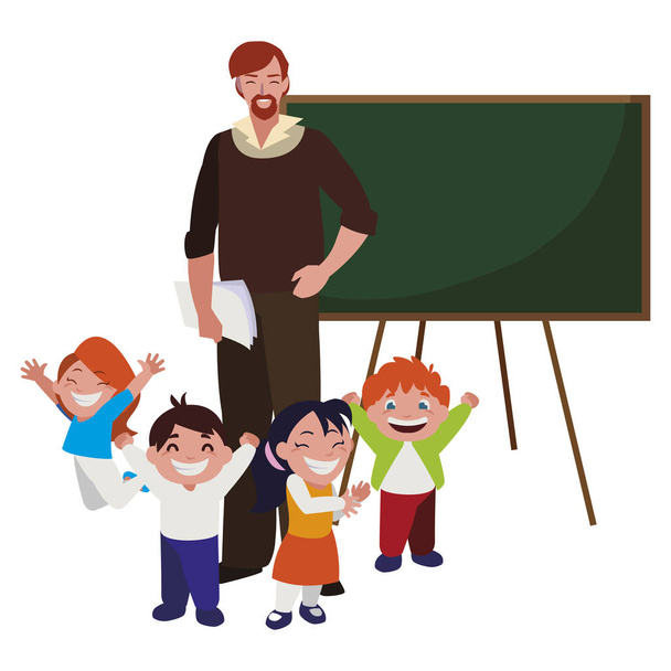 učitel muž s dětmi, studenti a chalkní tabule - Vektor, obrázek