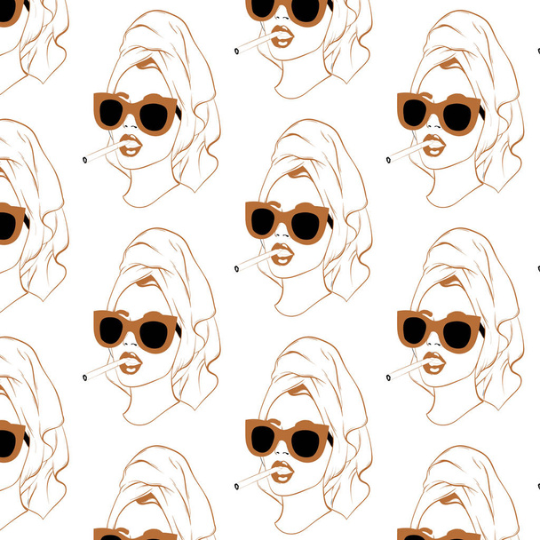 Vector pattern with hand drawn illustrtation of pretty girl with cigarette isolated. - Vector, Imagen