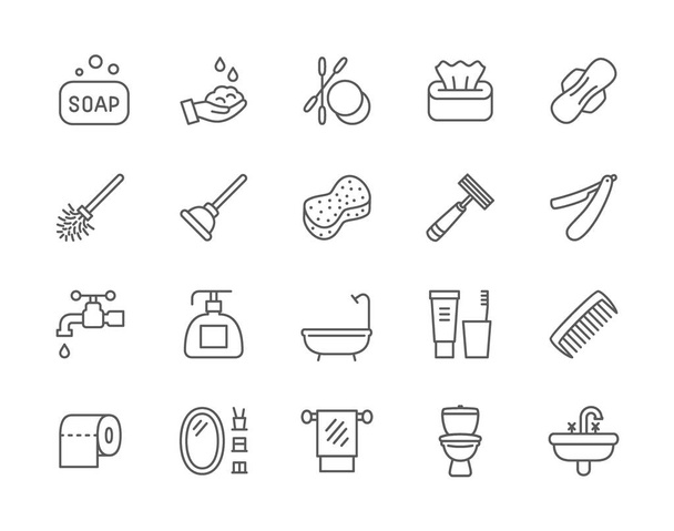 Set of Hygiene Line Icons. Bathtub, Bath Sponge, Tampon, Toilet Plunger and more - Vector, Image