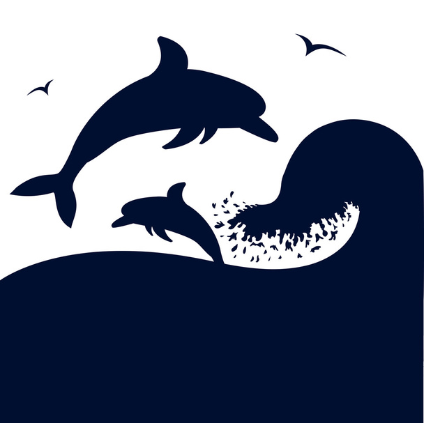 Dolphins jumping in big sea wave.Vector silhouete isolated on w - Vector, afbeelding