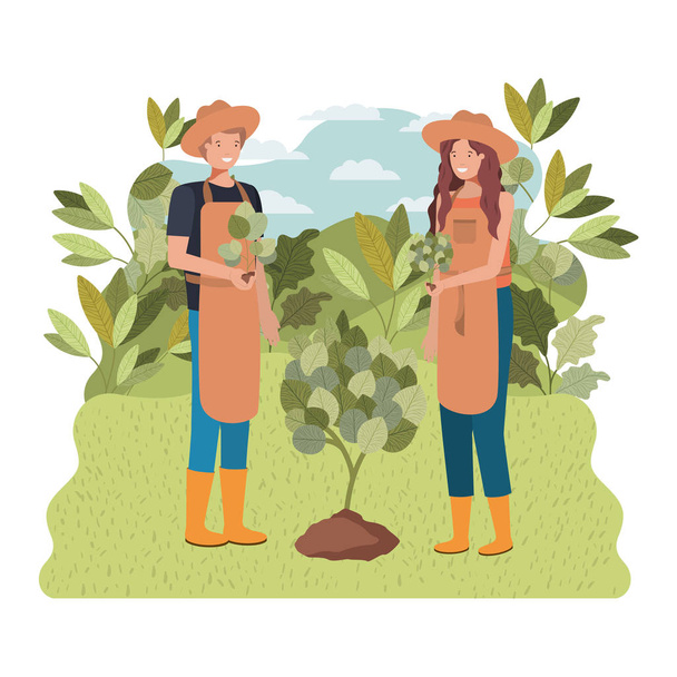 pareja de jardineros con carácter avatar paisaje
 - Vector, Imagen