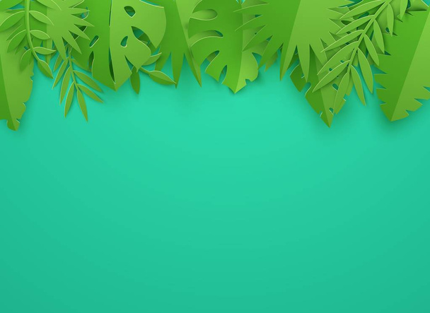 Граница летних тропических листьев в стиле покроя бумаги. Коллекция растений джунглей на голубом фоне. Креативная векторная иллюстрация в стиле искусства резки бумаги
. - Вектор,изображение
