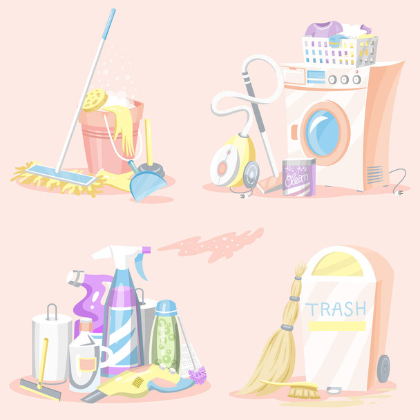Set of Cleaning tools. Washing machine, Detergents Cleanser, Water bucket for Mopping, Chemicals Appliances for service. House icons for poster. Cartoon Household. - Vector, Image