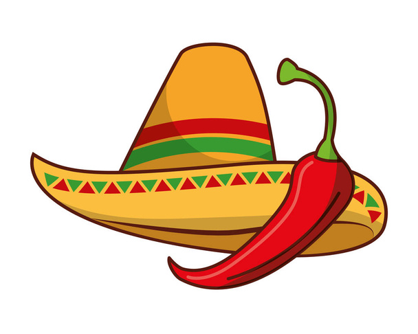 chili pepper and hat mexican food traditional - Vector, imagen