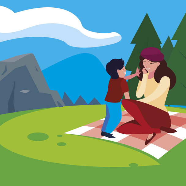 schöne Mutter mit Sohn beim Picknicktag in der Landschaft - Vektor, Bild