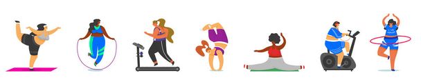 Fitness χοντρή κορίτσια συν μέγεθος. Άθλημα για την υγεία στο κλαμπ. Γυναίκα κάνει ασκήσεις, χάνει βάρος, τρέχει στον προσομοιωτή, ζεσταίνεται. Εκπαίδευση ποζάρει σε μαθήματα γιόγκα, χαριτωμένο θηλυκό ή πλήρες σώμα χαρακτήρες. - Διάνυσμα, εικόνα