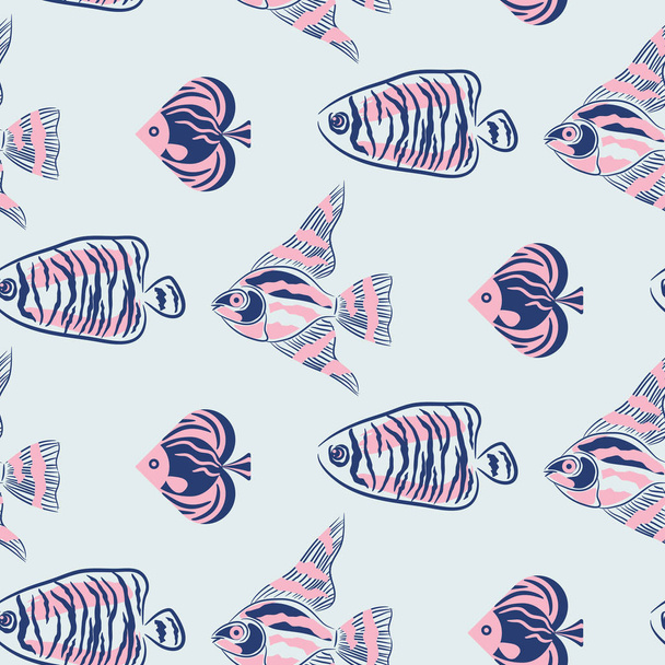 Fish stylized seamless vector pattern. Pink and blue background modern texture. - Vecteur, image