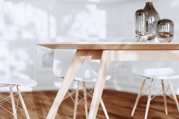 Wooden midcentury table in white kitchen close up 3d render  - Foto, afbeelding