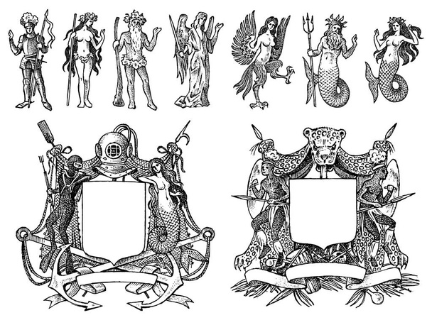 Heraldik im Vintage-Stil. eingravierte Wappen mit Tieren, Vögeln, Fabelwesen, Fisch, Drache, Einhorn, Löwe. Mittelalterliche Embleme und das Logo des Fantasiereiches. - Vektor, Bild