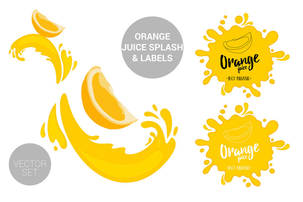 Fruit vector package set of cartoon orange cuts on juice splashes. Organic fruit labels tags and orange juice text. Colorful orange piece stickers. Citrus Juicy fruit badges with splash.  - Vector, Image
