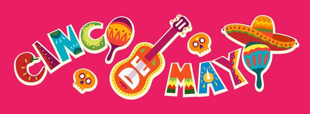 Cinco de Mayo w Meksyku. 5 maja, Ameryka Łacińska wakacje. Kolorowe, szczegółowe, wiele obiektów tła. Szablon wektor z tradycyjnymi Meksykańskimi symbolami czaszka, gitara, kwiaty, czerwona papryka - Wektor, obraz