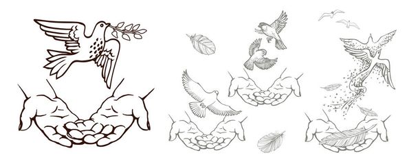 Handgezeichnete Zeichnungen mit Händen und Vögeln. Schwarz-weiße Vektorabbildung. - Vektor, Bild