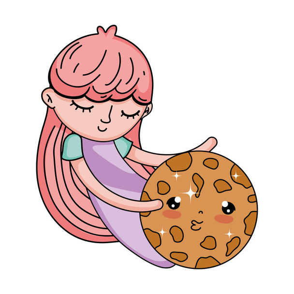 little girl with sweet cookie kawaii character - Vector, Image