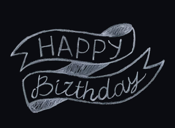 Gelukkige verjaardag handgeschreven met wit krijt op een zwart schoolbord. hand belettering in retro stijl met vintage lint. Vector - Vector, afbeelding