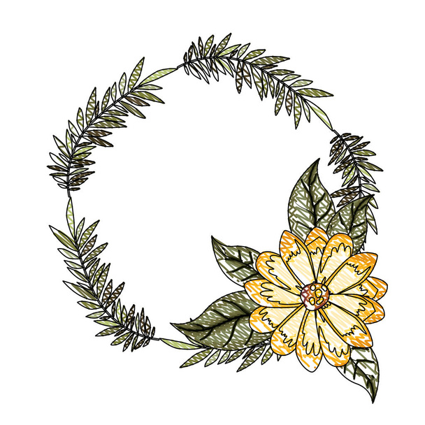 hermosa flor y hojas marco circular
 - Vector, imagen