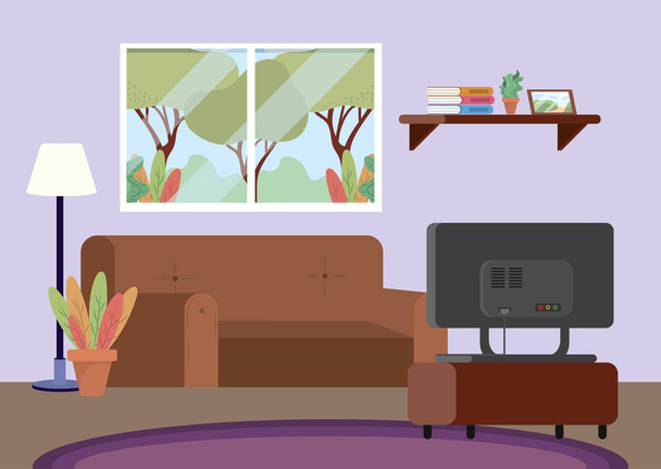kanepe ve tv dekorasyonu ile dalış odası - Vektör, Görsel
