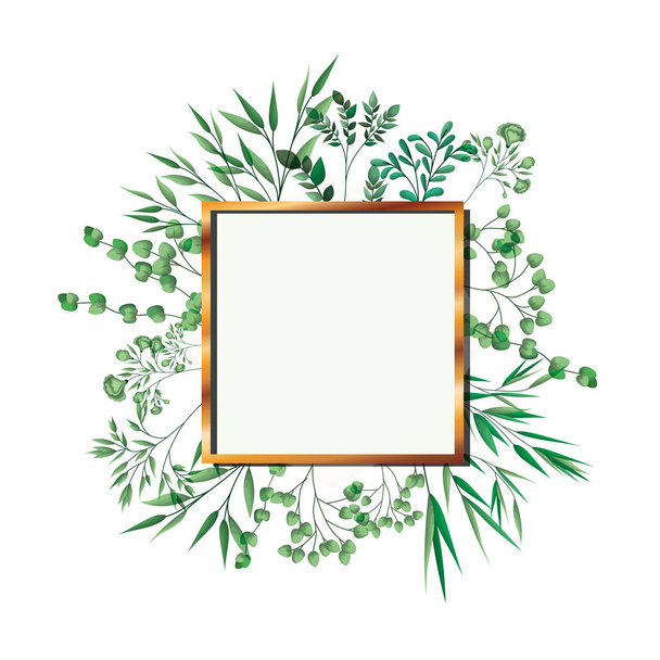 golden frame square with foliage isolated icon - Vektor, Bild