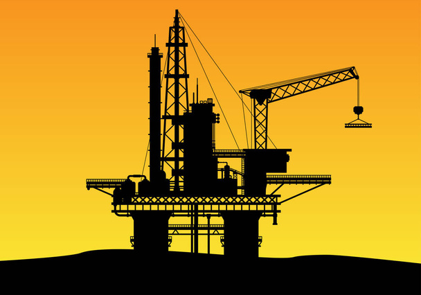 silhueta ilustrada de uma construção de perfuração de petróleo offshore com torres altas e guindaste
 - Vetor, Imagem