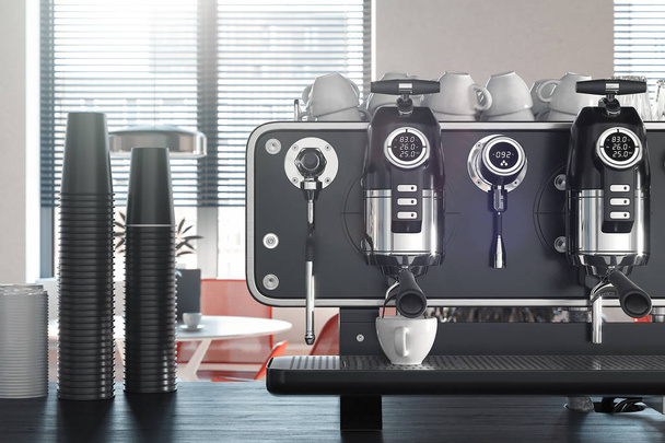 Μεταλλικό ασημένιο μηχάνημα καφέ στη διαδικασία της παραγωγής φρέσκου καφέ. απόδοση 3D. - Φωτογραφία, εικόνα