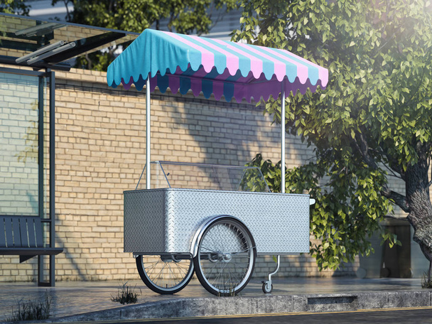 Multicoloured ice cream cart at landscape. 3d rendering. Street food. - Foto, Imagen