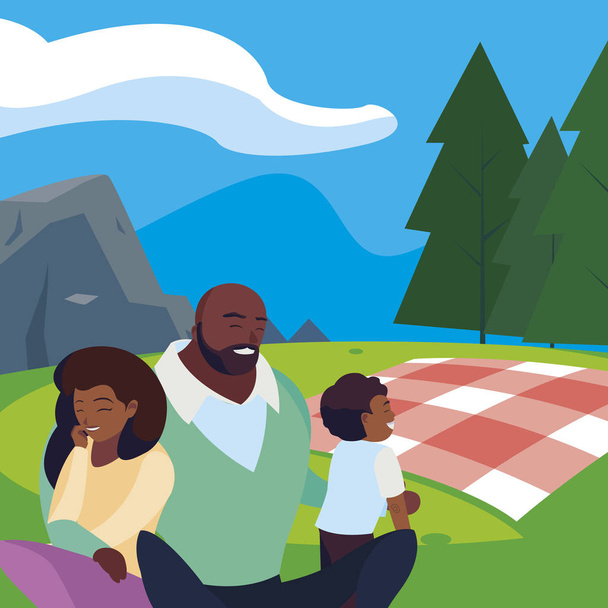 schwarzes Elternpaar mit Sohn beim Picknicktag in der Landschaft - Vektor, Bild