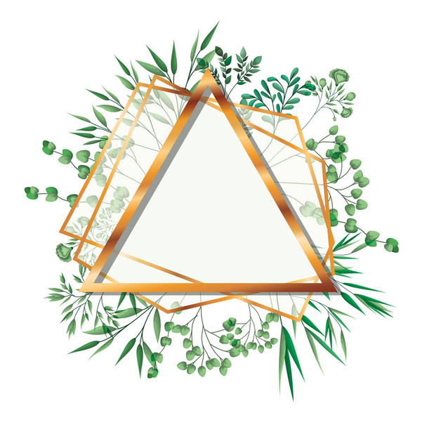 golden frame triangle with foliage isolated icon - Vektori, kuva