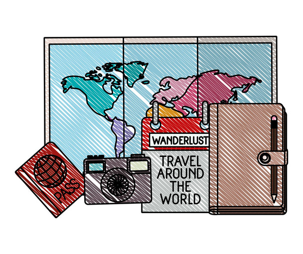 paper map with travel around world icons - Vetor, Imagem