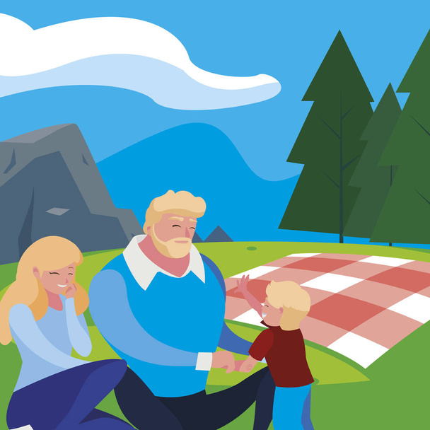 Elternpaar mit Sohn beim Picknick auf dem Feld - Vektor, Bild