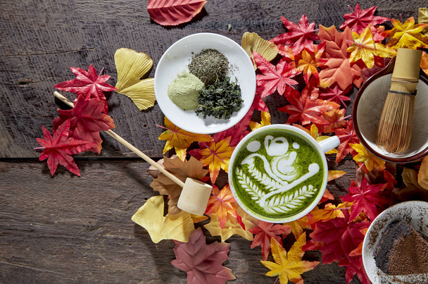 Autumn, Matcha green tea cup wooden - Photo, Image